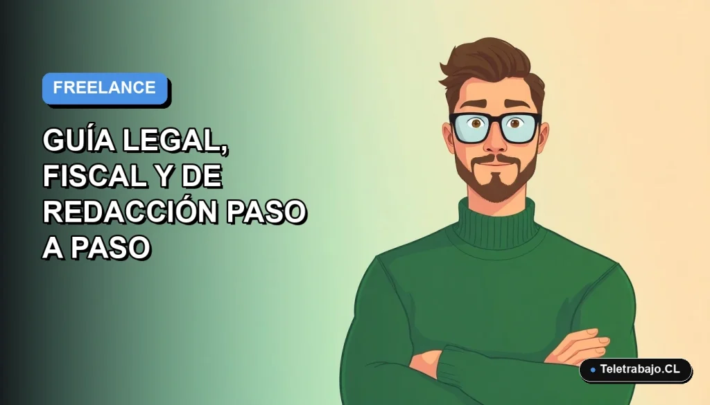 Ilustración vectorial plana de un trabajador freelance hombre revisando un contrato digital en Chile, fondo con gradiente suave azul.