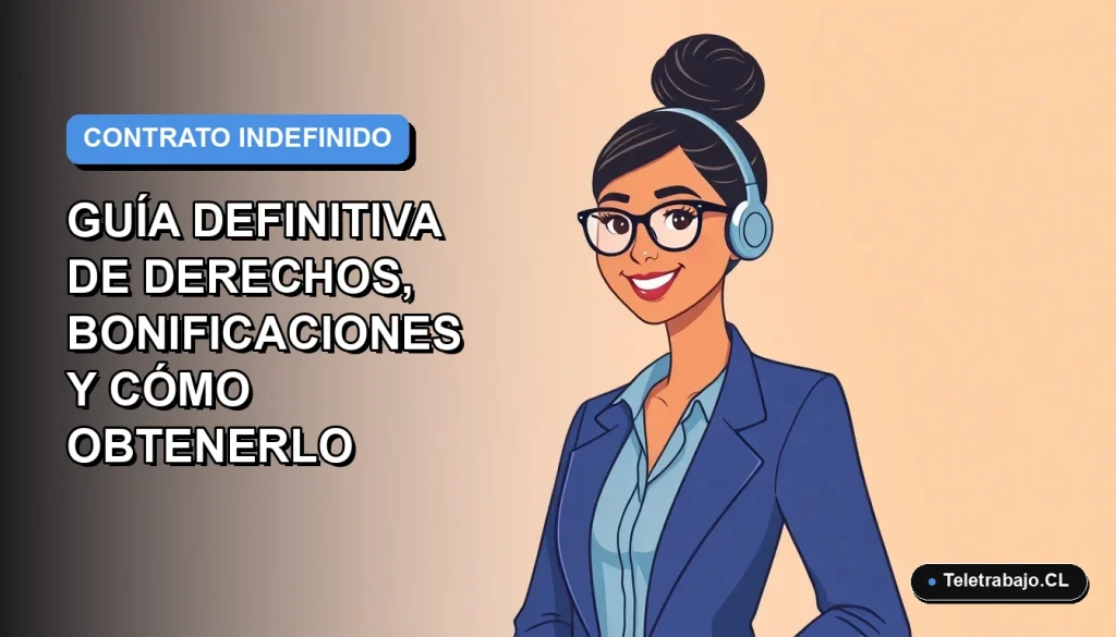Ilustración plana corporativa de una mujer profesional chilena con blusa azul y pelo recogido, sonriendo, sobre un fondo degradado azul y blanco. Representa la obtención de un contrato indefinido.