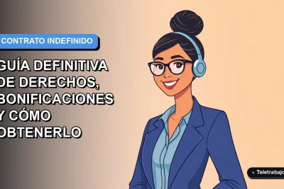 Ilustración plana corporativa de una mujer profesional chilena con blusa azul y pelo recogido, sonriendo, sobre un fondo degradado azul y blanco. Representa la obtención de un contrato indefinido.