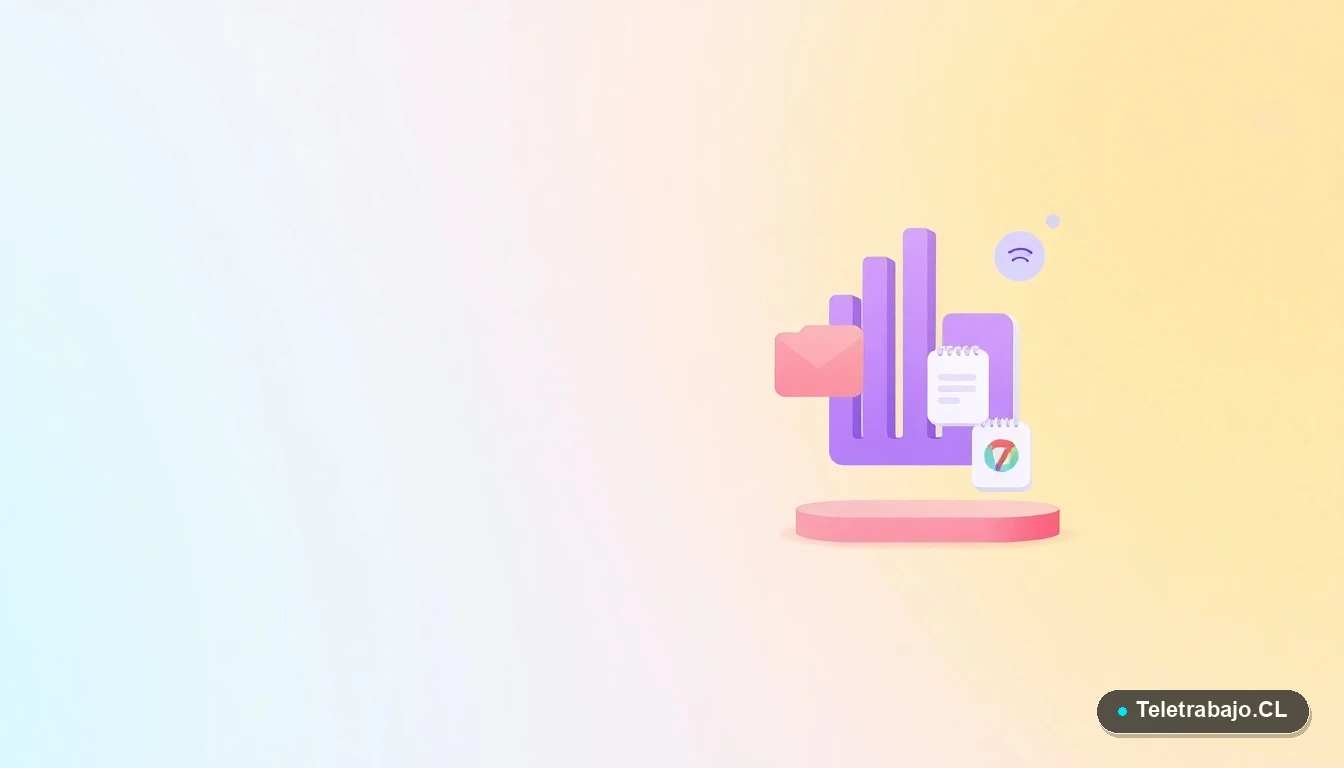 Elementos de interfaz de usuario abstractos y modernos en estilo plano: gráfico de barras, carpeta de documentos y calendario, sobre un fondo degradado de colores vibrantes, representando conceptos laborales y de productividad.