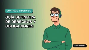 Ilustración vectorial plana de un trabajador masculino de teletrabajo en Chile, con fondo degradado vacío, representando un contrato indefinido por obra.