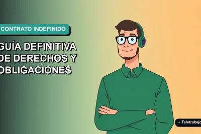 Ilustración vectorial plana de un trabajador masculino de teletrabajo en Chile, con fondo degradado vacío, representando un contrato indefinido por obra.