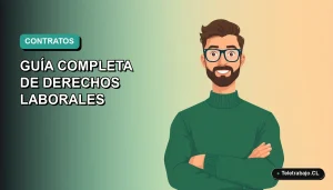 Ilustración plana corporativa de un trabajador masculino de tecnología con suéter verde, sobre fondo degradado azul verdoso, representando un contrato por obra en Chile.