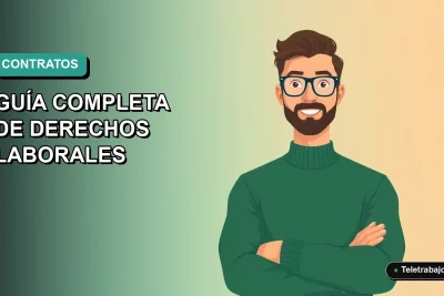 Ilustración plana corporativa de un trabajador masculino de tecnología con suéter verde, sobre fondo degradado azul verdoso, representando un contrato por obra en Chile.
