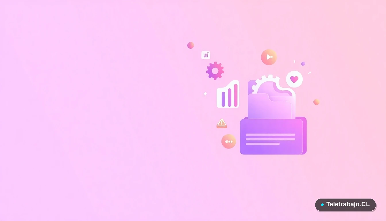 Composición abstracta de interfaz de usuario con gráficos flotantes y engranajes estilizados en colores lavanda y durazno, sobre fondo degradado lila.