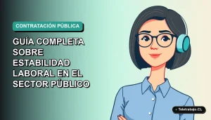 Ilustración vectorial plana de una mujer profesional chilena con blusa azul y lentes, sobre fondo degradado verde azulado, representando estabilidad laboral en el sector público.