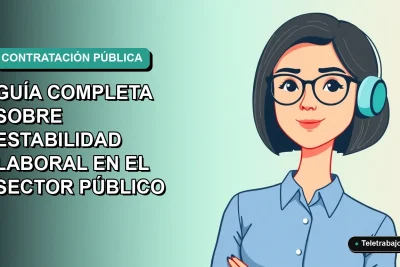 Ilustración vectorial plana de una mujer profesional chilena con blusa azul y lentes, sobre fondo degradado verde azulado, representando estabilidad laboral en el sector público.