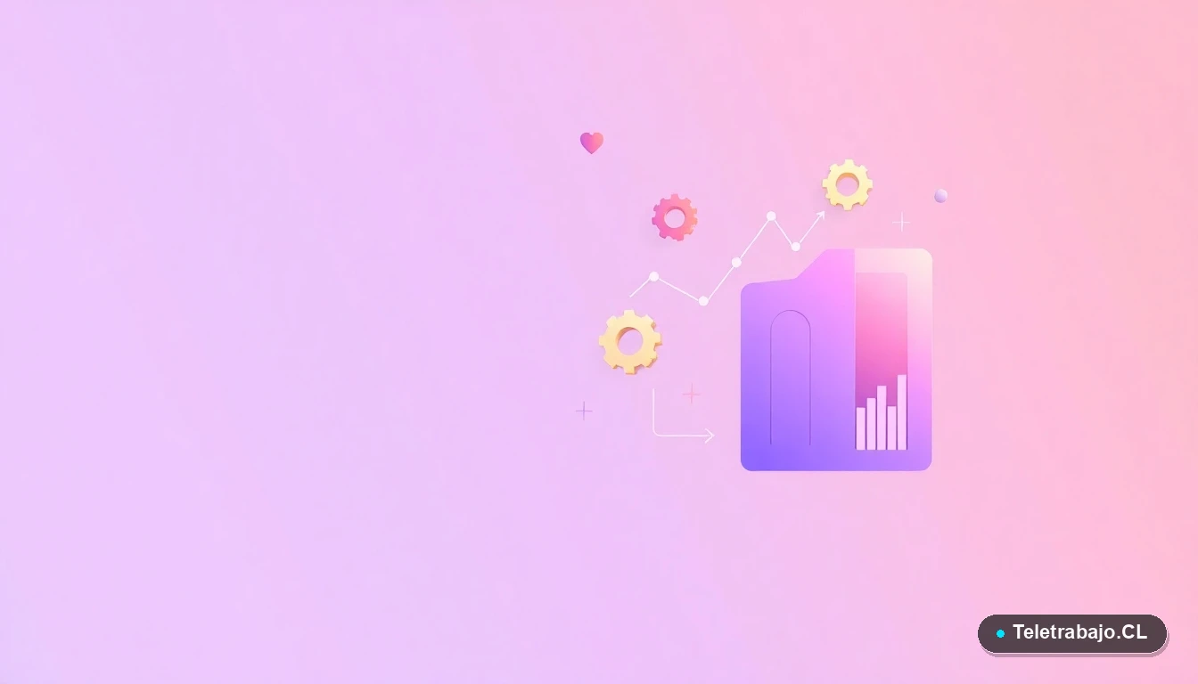 Composición abstracta de interfaz de usuario con gráficos, engranajes y carpetas flotantes en tonos lavanda y durazno, sobre fondo degradado, concepto de gestión de contratos públicos.