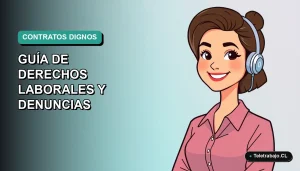 Ilustración plana corporativa de una joven trabajadora remota chilena sonriendo, con fondo degradado azul verdoso, representando derechos laborales juveniles.