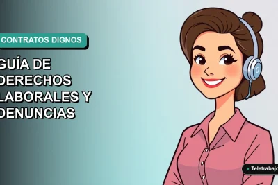 Ilustración plana corporativa de una joven trabajadora remota chilena sonriendo, con fondo degradado azul verdoso, representando derechos laborales juveniles.