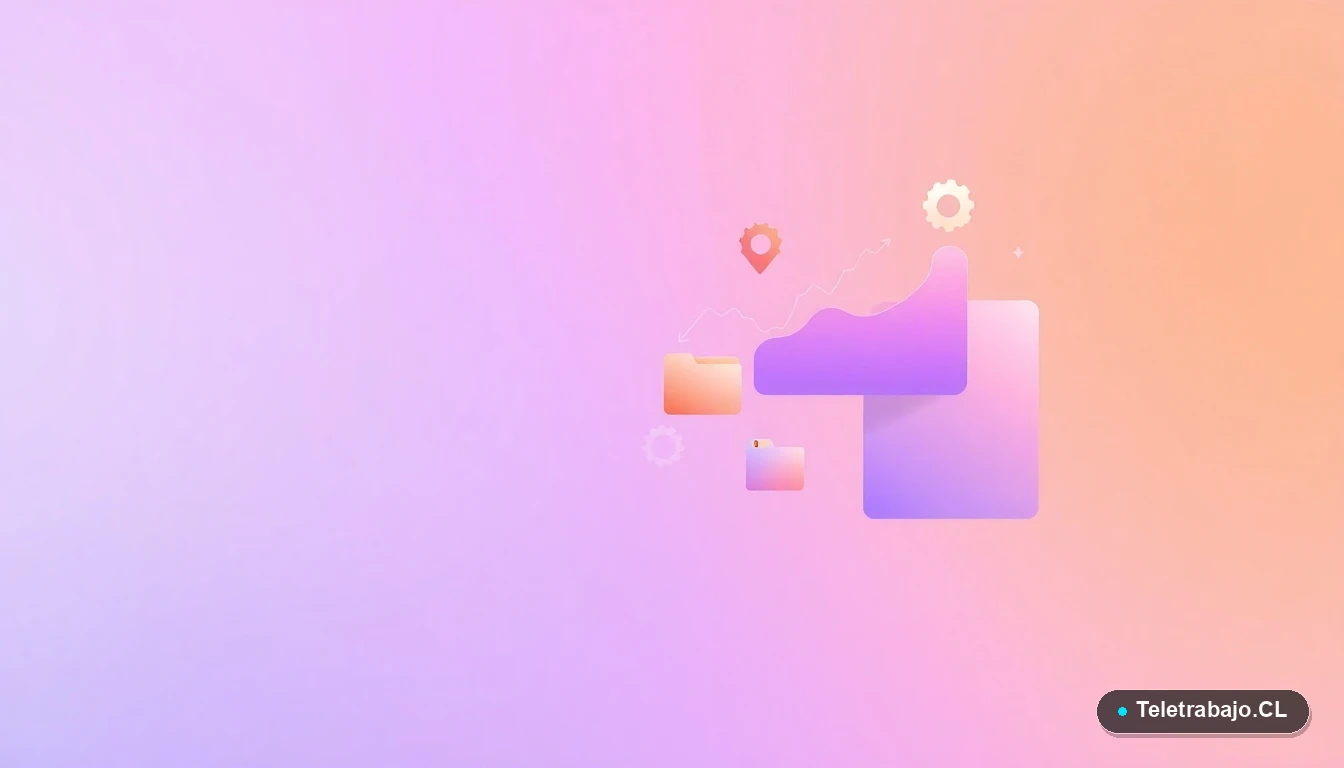 Composición abstracta de interfaz de usuario con gráficos, engranajes y carpetas flotantes en tonos lavanda y durazno, sobre fondo degradado, concepto de tecnología y derechos laborales.