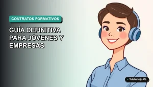 Ilustración plana corporativa de una trabajadora joven sonriente con blusa azul, sobre fondo degradado verde azulado, representando los nuevos contratos formativos en Chile.