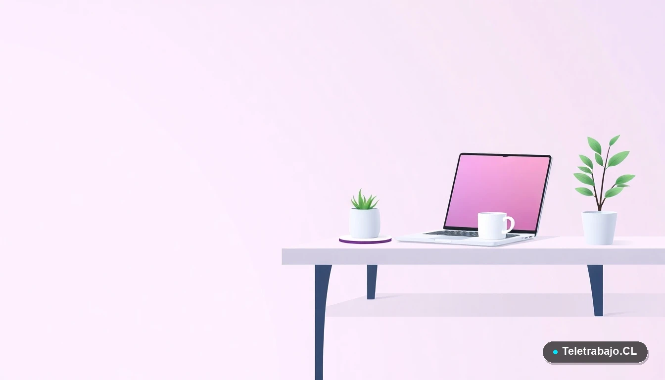 Escritorio moderno minimalista con laptop, planta y taza de café en estilo ilustración plana, sobre fondo degradado lila, concepto de espacio de trabajo para formación.