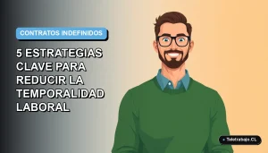 Ilustración vectorial plana de un trabajador masculino de tecnología con suéter verde, sobre un fondo degradado azul, representando estrategias para contratos indefinidos en Chile.