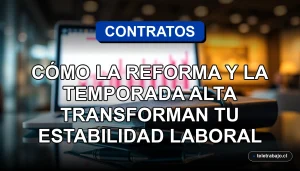 Contrato de trabajo indefinido en Chile sobre mesa de oficina con gráficos abstractos de fondo, concepto de estabilidad laboral y reforma.