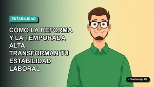 Ilustración vectorial plana de un trabajador masculino de teletrabajo en Chile, con fondo degradado azul verdoso, representando la estabilidad laboral y la reforma.