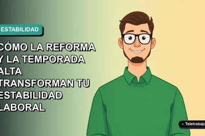 Ilustración vectorial plana de un trabajador masculino de teletrabajo en Chile, con fondo degradado azul verdoso, representando la estabilidad laboral y la reforma.