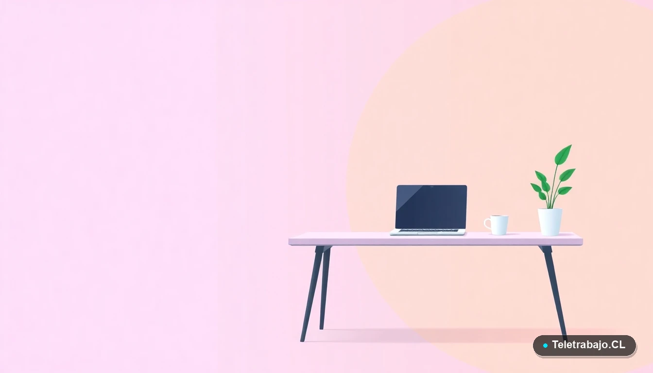Escritorio moderno minimalista para teletrabajo con laptop y planta, ilustración vectorial plana con fondo degradado lavanda y durazno, concepto de productividad.