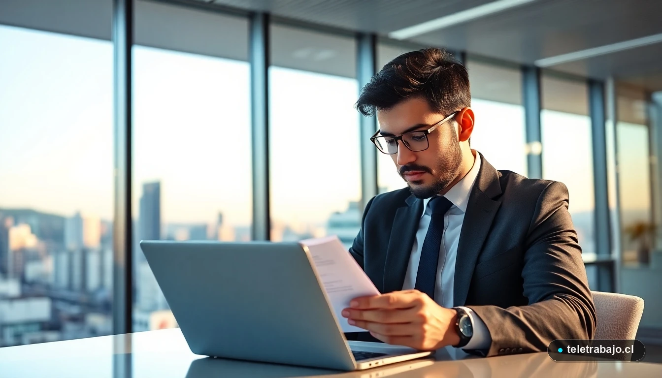 Profesional chileno analizando un contrato de trabajo indefinido en su laptop con vista a Santiago.