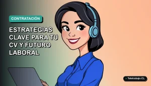Ilustración vectorial plana de una trabajadora chilena sonriente, con blusa azul y corte de pelo moderno, sobre un fondo degradado suave en tonos teal y blanco. Espacio negativo a la izquierda.
