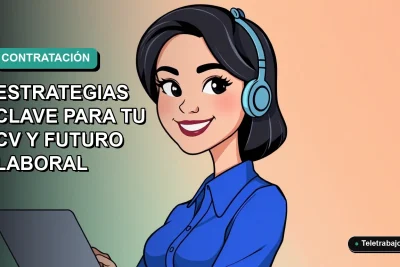 Ilustración vectorial plana de una trabajadora chilena sonriente, con blusa azul y corte de pelo moderno, sobre un fondo degradado suave en tonos teal y blanco. Espacio negativo a la izquierda.