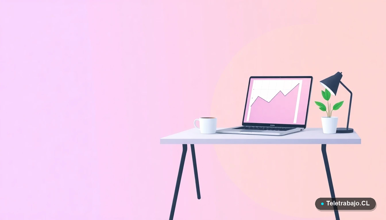 Escritorio moderno minimalista con laptop, taza de café y planta, sobre un fondo degradado abstracto en tonos lavanda y durazno. Concepto de espacio de trabajo para profesionales en Chile.