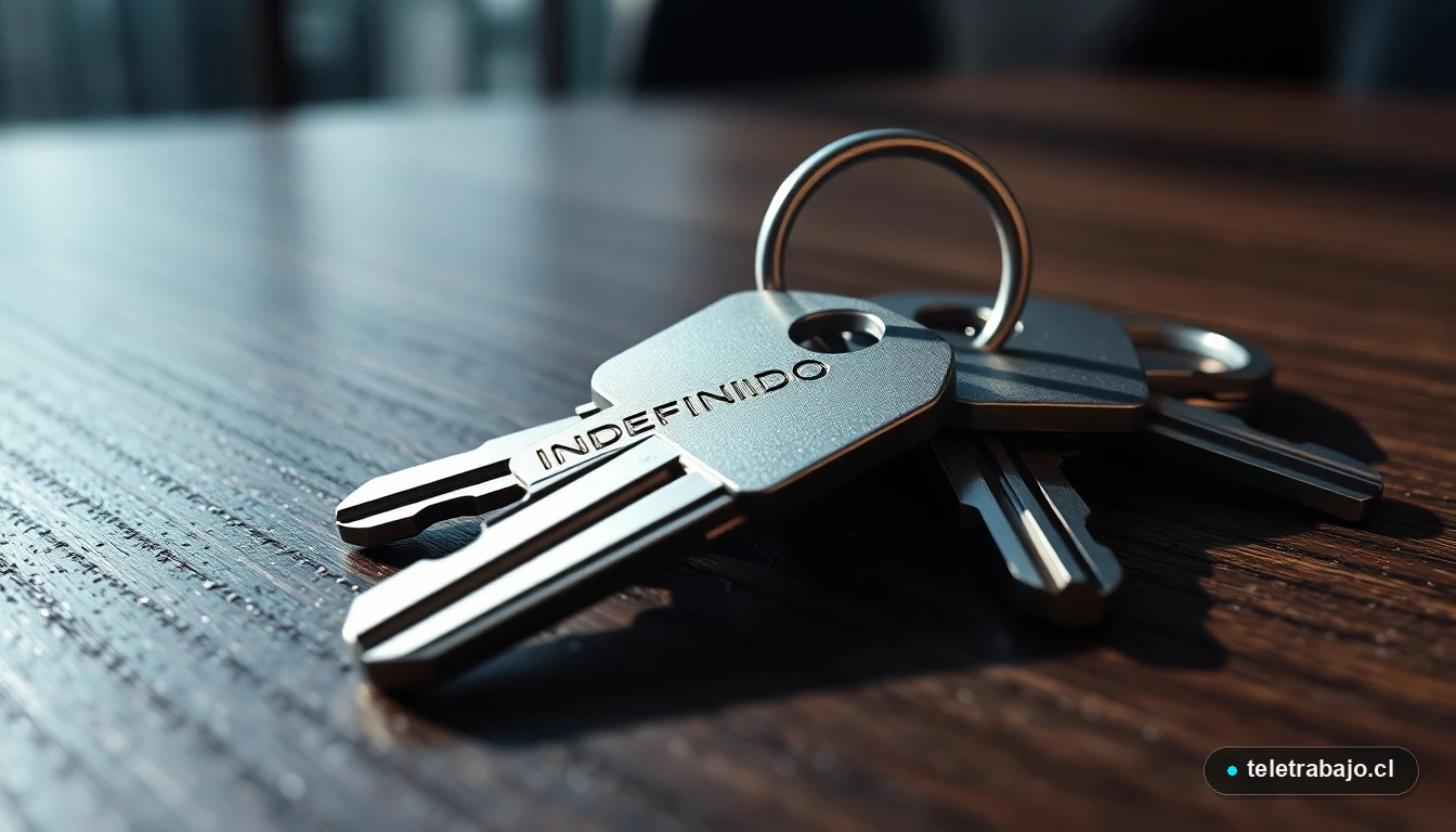 Llaves de oficina modernas sobre una mesa de madera, una grabada con la palabra 'INDEFINIDO', representando acceso y permanencia en el puesto de trabajo.