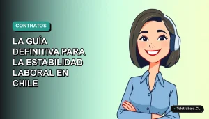 Ilustración plana corporativa de una mujer profesional chilena con blusa azul, sonriendo, sobre fondo degradado suave, representando la estabilidad de un contrato indefinido.
