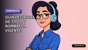 Ilustración vectorial plana de una trabajadora remota chilena con blusa azul, sobre fondo degradado lavanda, representando la guía de contratos laborales 2026.