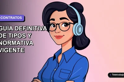 Ilustración vectorial plana de una trabajadora remota chilena con blusa azul, sobre fondo degradado lavanda, representando la guía de contratos laborales 2026.