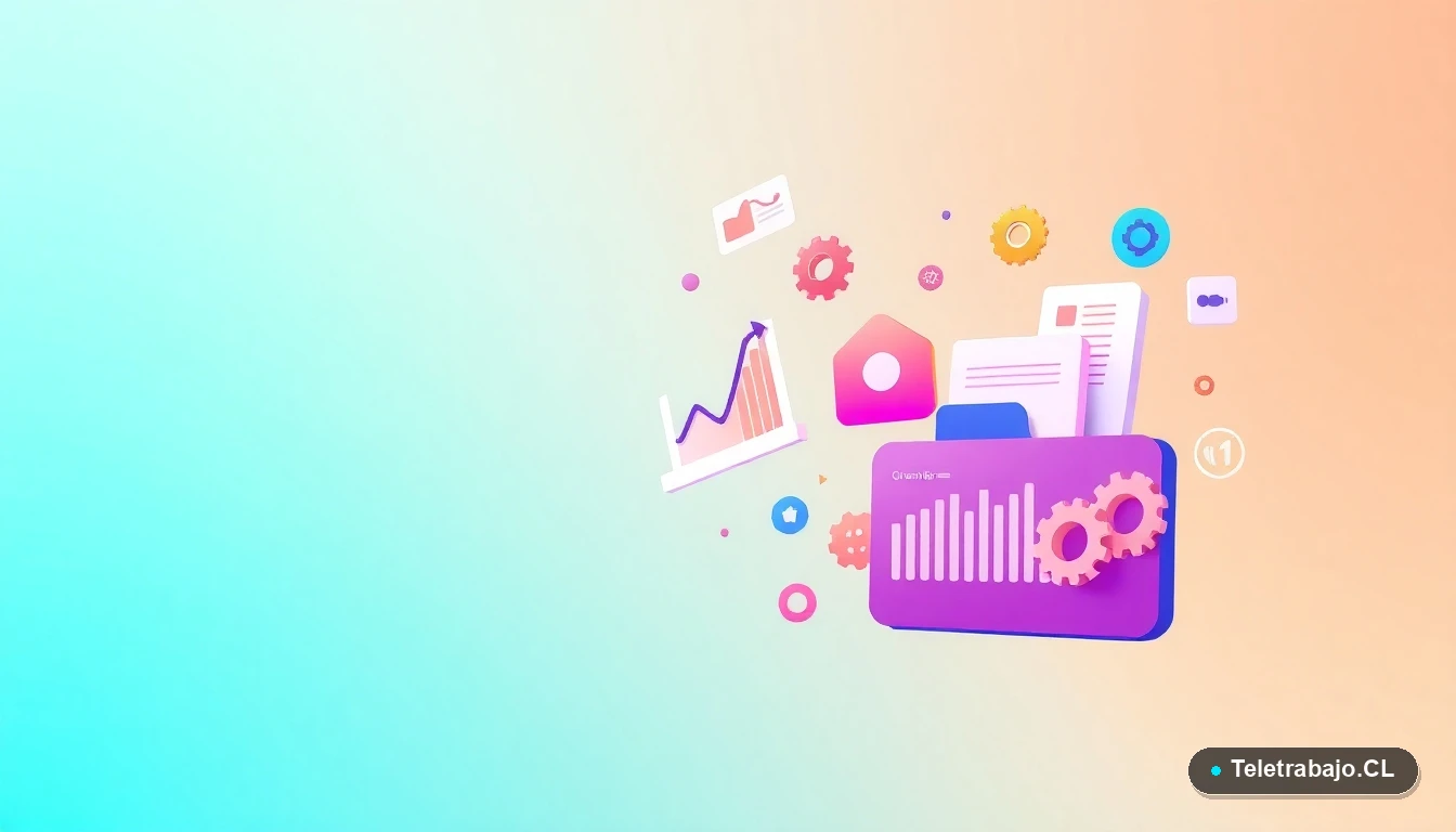 Composición abstracta de interfaz de usuario con gráficos, engranajes y carpetas flotantes en estilo vectorial plano, sobre fondo degradado de menta a verde azulado, para artículo sobre normativa laboral tecnológica.