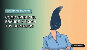 Ilustración vectorial plana de una mujer profesional chilena con blusa azul y corte bob, sobre fondo degradado azul verdoso, representando derechos laborales en teletrabajo.