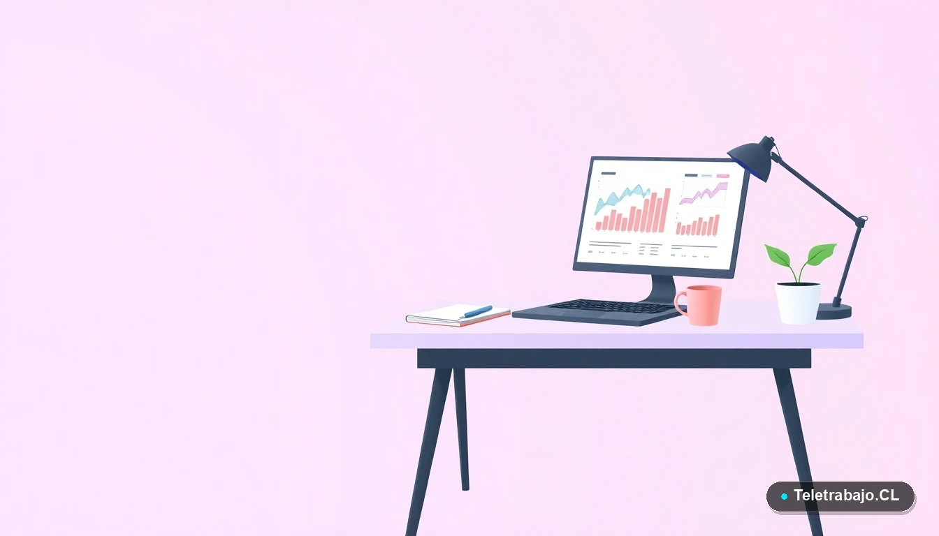 Escritorio moderno minimalista con laptop, gráficos abstractos, planta y taza de café, sobre fondo degradado lila, concepto de teletrabajo y gestión laboral en Chile.