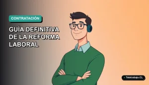 Ilustración vectorial plana de un trabajador masculino de teletrabajo con suéter verde, sobre fondo degradado azul y verde, representando la nueva ley de contratos temporales en Chile 2026.