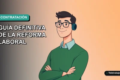 Ilustración vectorial plana de un trabajador masculino de teletrabajo con suéter verde, sobre fondo degradado azul y verde, representando la nueva ley de contratos temporales en Chile 2026.