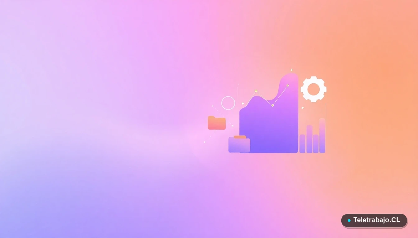 Composición abstracta de interfaz de usuario con gráficos flotantes y engranajes estilizados en colores lavanda y durazno, sobre fondo degradado, concepto de tecnología y reforma laboral.