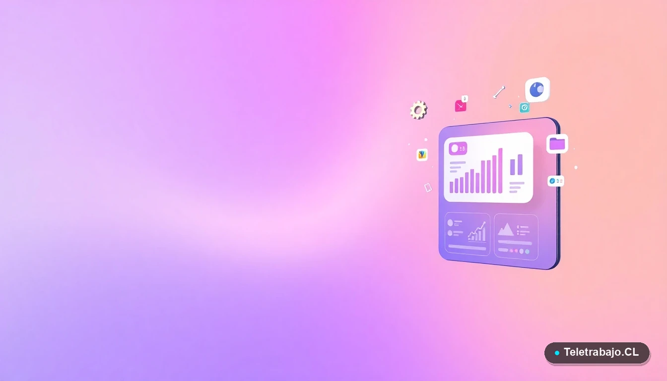 Elementos de interfaz de usuario abstractos como gráficos y engranajes, representando conceptos laborales y de gestión de contratos.