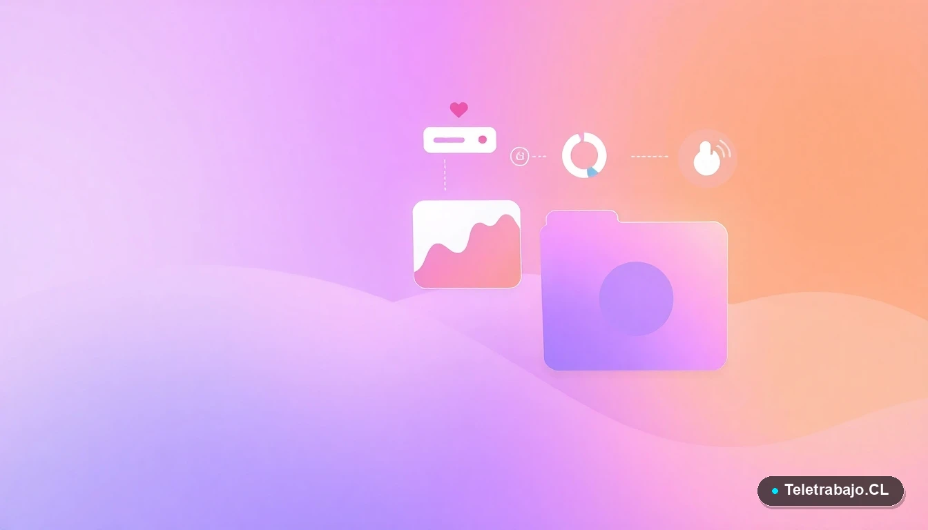 Elementos de interfaz de usuario abstractos: gráficos y engranajes flotantes, sobre fondo degradado lila, representando conceptos legales laborales de renovación.