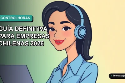 Ilustración vectorial plana moderna de una trabajadora chilena de teletrabajo con blusa azul, sonriendo, sobre fondo degradado verde azulado. Concepto de gestión de horas laborales.