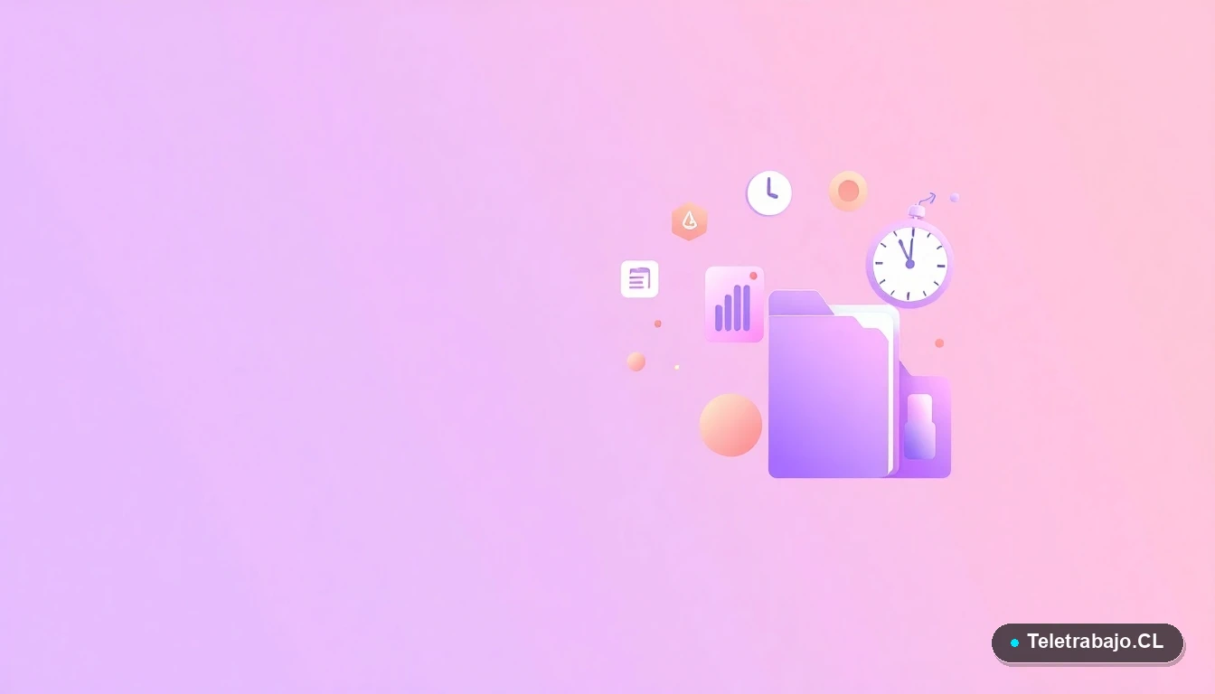 Composición abstracta de interfaz de usuario tecnológica con gráficos flotantes, calendario y reloj en estilo vectorial plano sobre fondo degradado lila. Representación visual de control de tiempo y productividad.