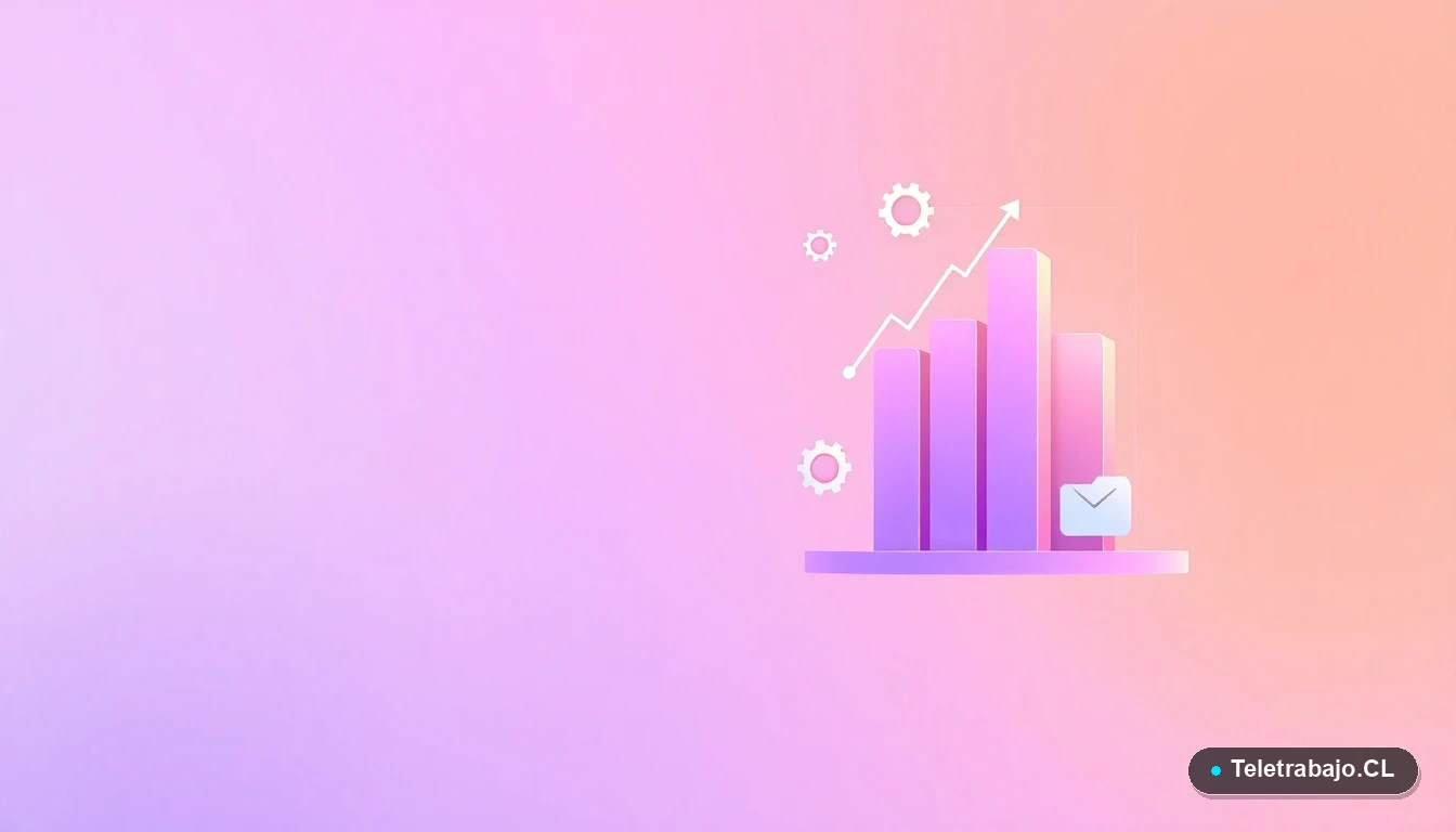 Elementos de interfaz abstractos flotantes, gráficos y engranajes estilizados en colores lavanda y durazno, sobre fondo degradado.