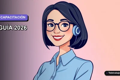 Ilustración plana vectorial de una mujer profesional con blusa azul y lentes, sonriendo, sobre un fondo degradado lavanda suave. Representa cursos SENCE para gestión de inventario.