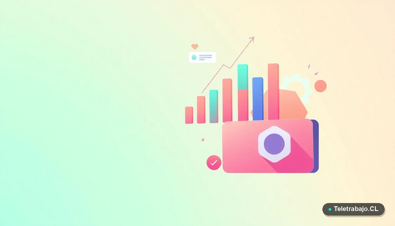 Ilustración vectorial abstracta de interfaz tecnológica con gráficos en ascenso, un engranaje y carpetas flotantes sobre un fondo degradado verde menta, representando gestión de datos y control de inventario.