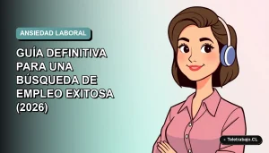 Ilustración plana vectorial de una mujer profesional chilena con expresión tranquila, sobre fondo degradado azul verdoso. Representa el manejo de la ansiedad laboral.