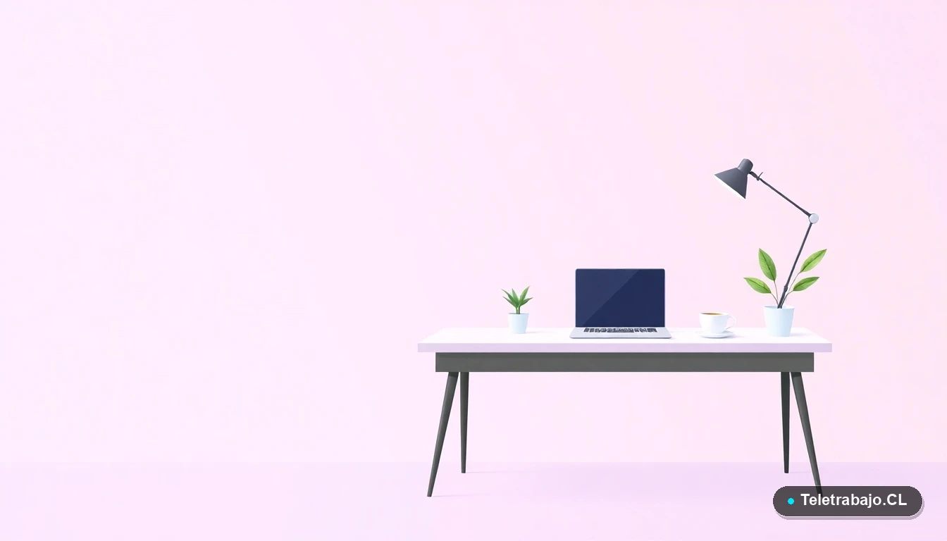 Escritorio moderno minimalista con laptop, taza de café y planta, sobre fondo degradado lila. Representa un espacio de trabajo ordenado y calmado para reducir la ansiedad.