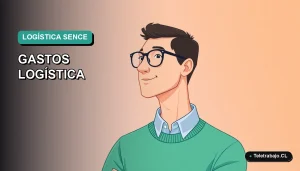 Ilustración vectorial plana moderna de un trabajador masculino revisando gráficos en una laptop, sobre fondo degradado verde azulado, para artículo sobre control de gastos de logística SENCE 2026.