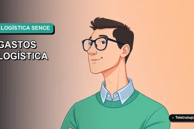 Ilustración vectorial plana moderna de un trabajador masculino revisando gráficos en una laptop, sobre fondo degradado verde azulado, para artículo sobre control de gastos de logística SENCE 2026.