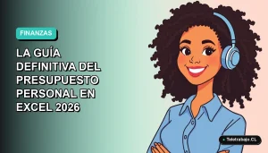 Ilustración vectorial plana de una mujer profesional chilena con blusa azul, sonriendo, sobre un fondo degradado suave de color teal. Representa el control financiero y la planificación presupuestaria moderna.