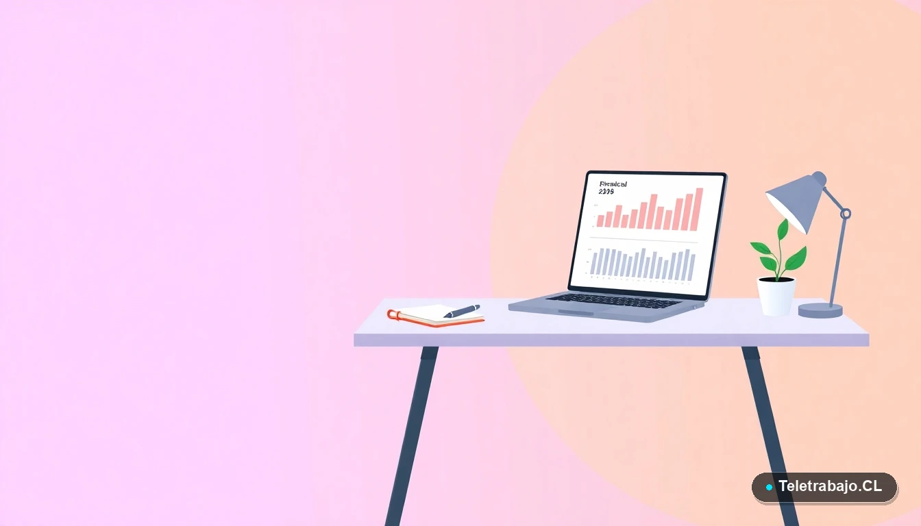 Escritorio moderno minimalista con laptop mostrando gráficos, cuaderno y planta, sobre fondo degradado lavanda. Concepto de planificación financiera digital y organización.