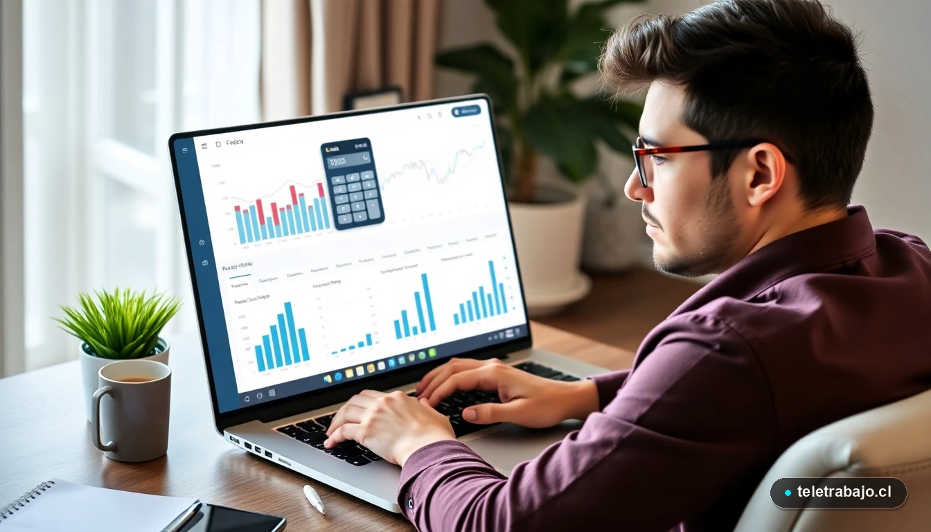 Autónomo chileno gestionando sus finanzas de manera digital y eficiente desde su espacio de teletrabajo